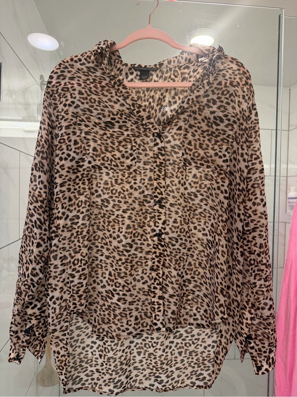 Victoria's Secret Leopard Print Sheer Button-Up Blouse - Tan